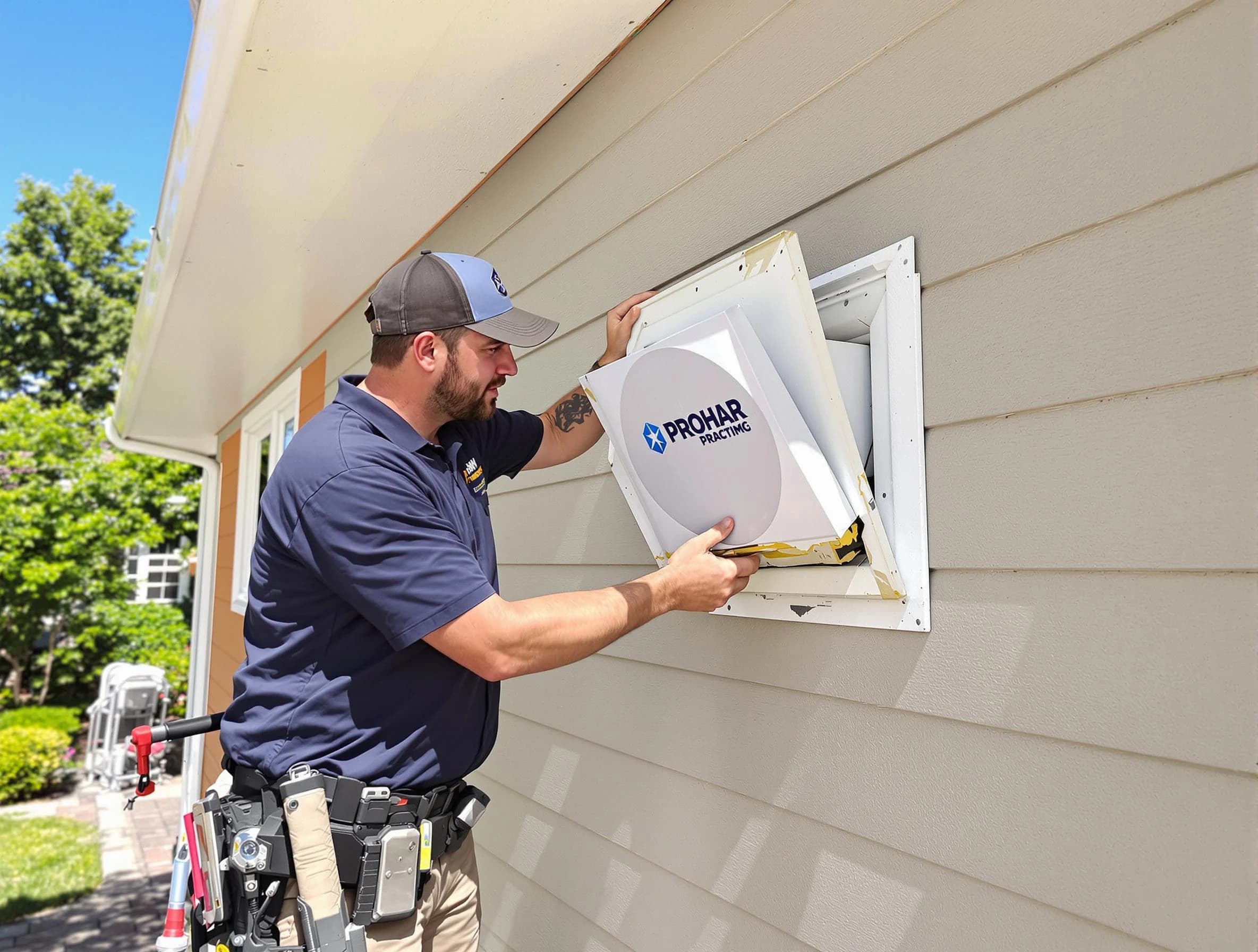 Canton Dryer Vent Cleaning technician installing a new protective dryer vent cover on a home in Canton