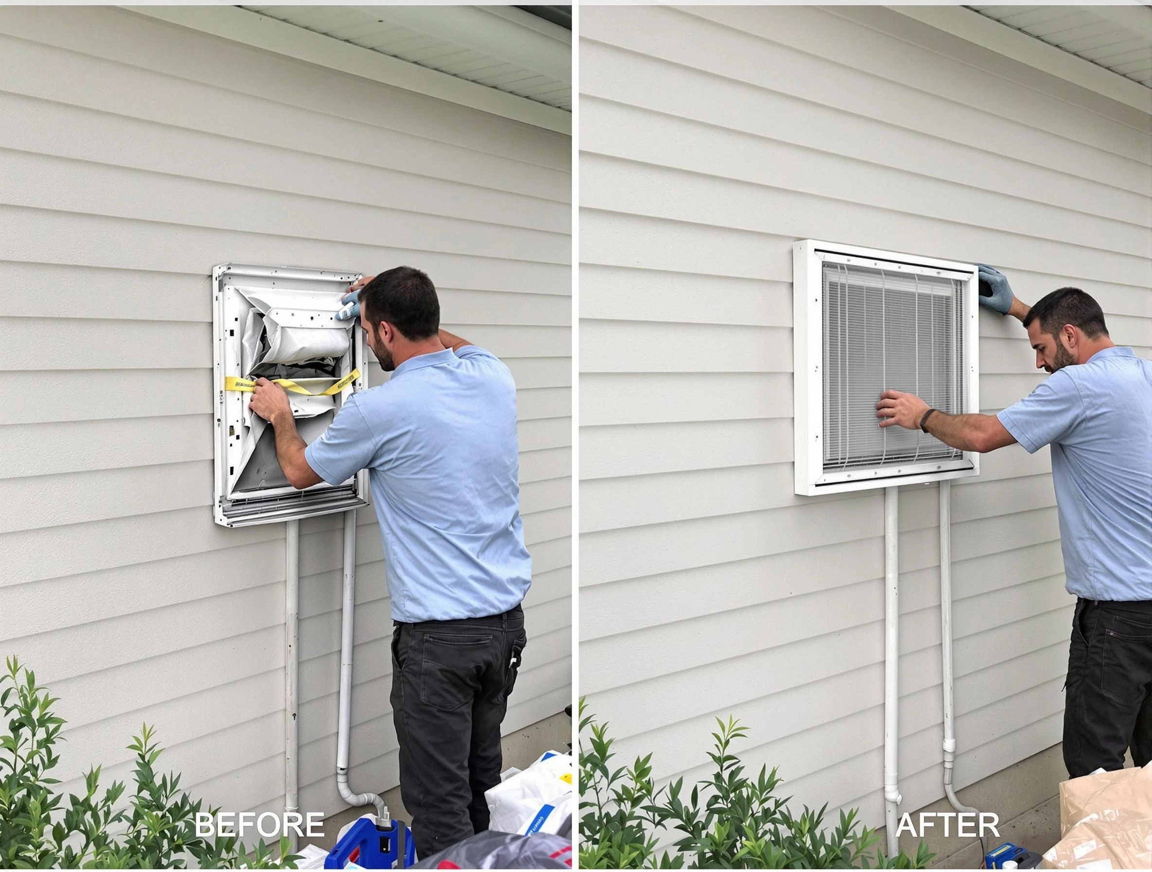 Canton Dryer Vent Cleaning technician installing high-quality dryer vent cover at a residential property in Canton